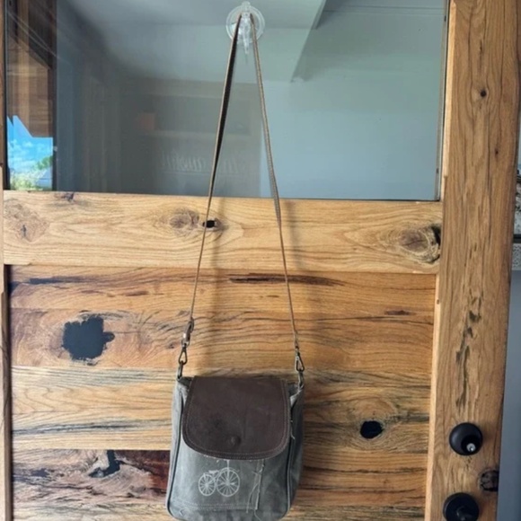 Myra Bag Crossbody – Recycled Canvas & Leather Purse w/ Vintage Bicycle Print - Picture 2 of 3